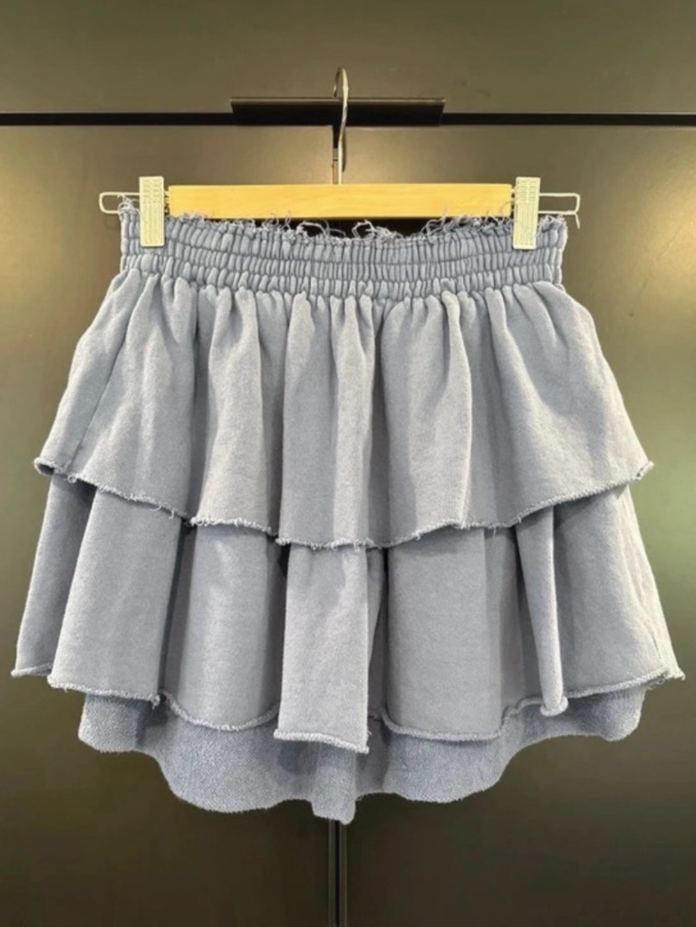 Aerie Women Blue Tiered Ruffle Mini Skirt Fleece Elastic Waist Raw Hem Small